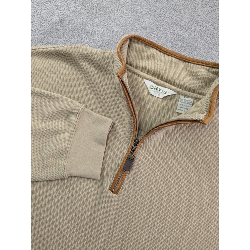 Orvis Mens XXL Tan Quarter Zip Pullover Leather Elbow Patches Cotton Blend